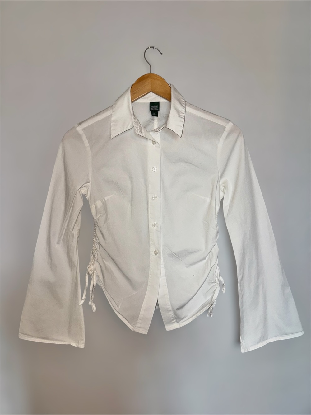 wild fable White Ruched-Side Button Down Shirt Bell Style Sleeve XS - Picture 2 of 15